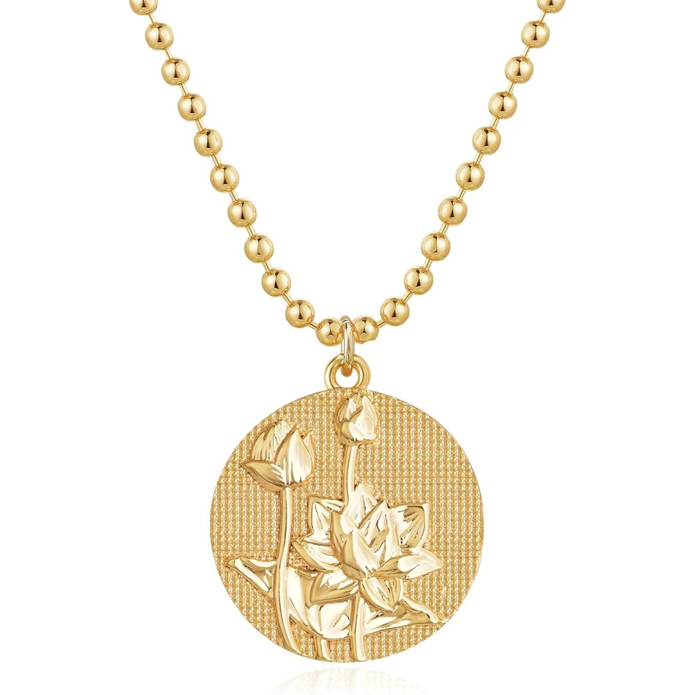 image:imageMEVECCO Gold Birth Flower Coin Necklace for Women 12 Month Flower Pendent 18K Gold Plated with Beaded Chain Personalized Embossed Floral Disc Necklace Birthday GiftsJuly