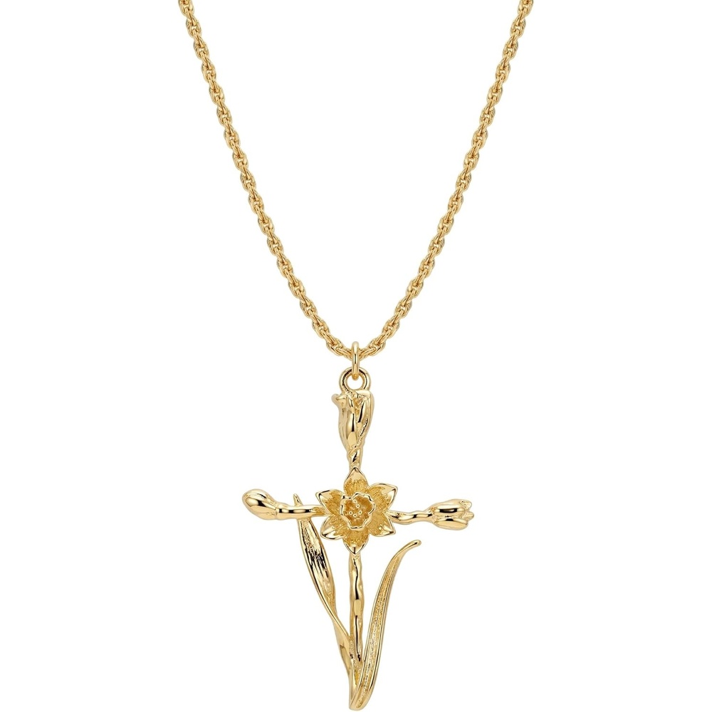 image:imageMEVECCO Gold Birth Flower Cross Necklace for Women 12 Month Faith Pendent 18K Gold Plated 2MM Twist Rope Chain Personalized Religious Birthday Jewelry for HerMarch