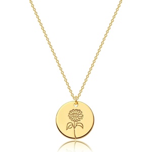 image:imageMEVECCO Birth Flower Necklace 18k Gold Custom Floral Pendant Necklaces Dainty Birth Month Flower Disc Hand Stamped Necklace Personalized Jewelry Birthday GiftA Sunflower