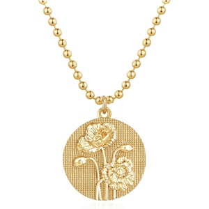 image:imageMEVECCO Gold Birth Flower Coin Necklace for Women 12 Month Flower Pendent 18K Gold Plated with Beaded Chain Personalized Embossed Floral Disc Necklace Birthday GiftsAugust