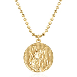 image:imageMEVECCO Gold Birth Flower Coin Necklace for Women 12 Month Flower Pendent 18K Gold Plated with Beaded Chain Personalized Embossed Floral Disc Necklace Birthday GiftsMarch
