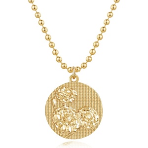 image:imageMEVECCO Gold Birth Flower Coin Necklace for Women 12 Month Flower Pendent 18K Gold Plated with Beaded Chain Personalized Embossed Floral Disc Necklace Birthday GiftsApril