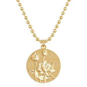 image:imageMEVECCO Gold Birth Flower Coin Necklace for Women 12 Month Flower Pendent 18K Gold Plated with Beaded Chain Personalized Embossed Floral Disc Necklace Birthday GiftsJuly