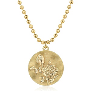image:imageMEVECCO Gold Birth Flower Coin Necklace for Women 12 Month Flower Pendent 18K Gold Plated with Beaded Chain Personalized Embossed Floral Disc Necklace Birthday GiftsJune