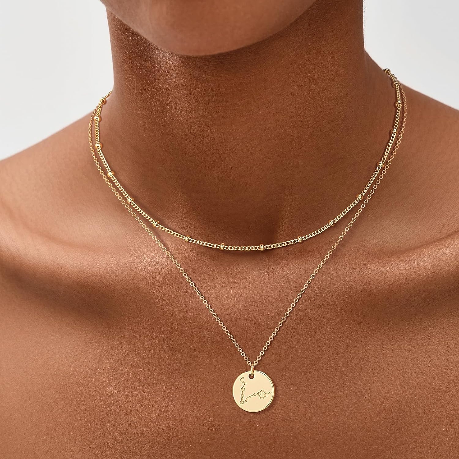 image:imageMEVECCO Gold Necklace Coin Disc Zodiac 12 Constellation Star Connected Engraved Horoscope Sign Astrology Pendant 18K Gold Plated Chain Dainty Personalized Simple JewelryConnected Taurus