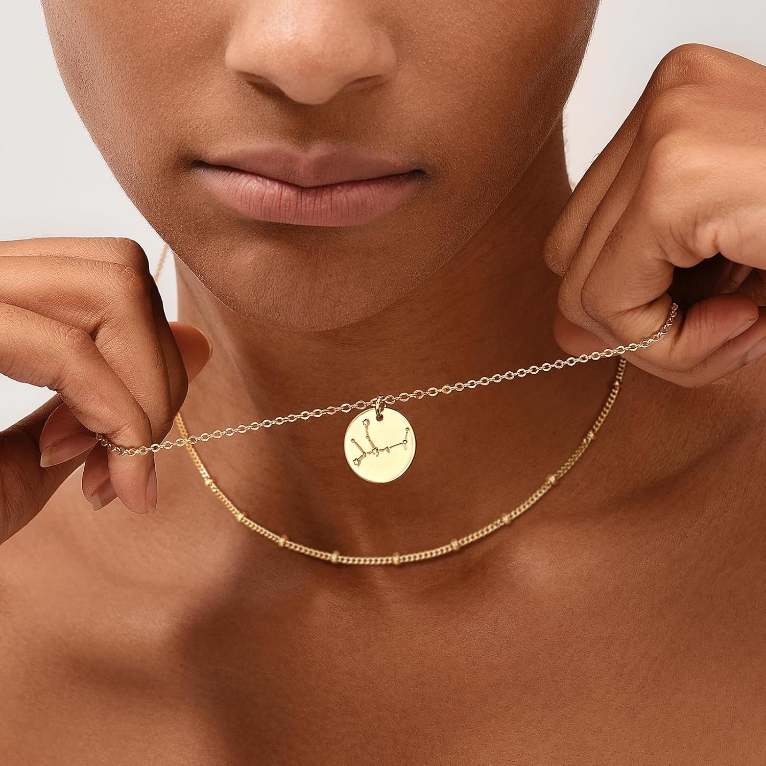 image:imageMEVECCO Gold Necklace Coin Disc Zodiac 12 Constellation Star Connected Engraved Horoscope Sign Astrology Pendant 18K Gold Plated Chain Dainty Personalized Simple JewelryConnected Taurus