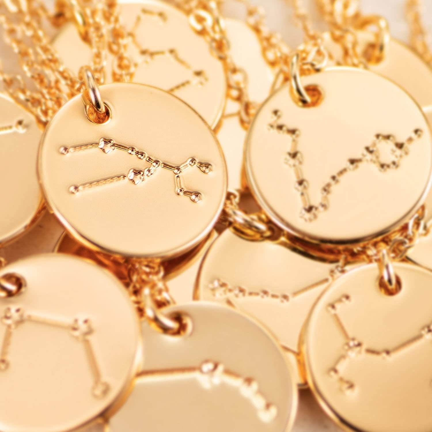 image:imageMEVECCO Gold Necklace Coin Disc Zodiac 12 Constellation Star Connected Engraved Horoscope Sign Astrology Pendant 18K Gold Plated Chain Dainty Personalized Simple JewelryConnected Taurus