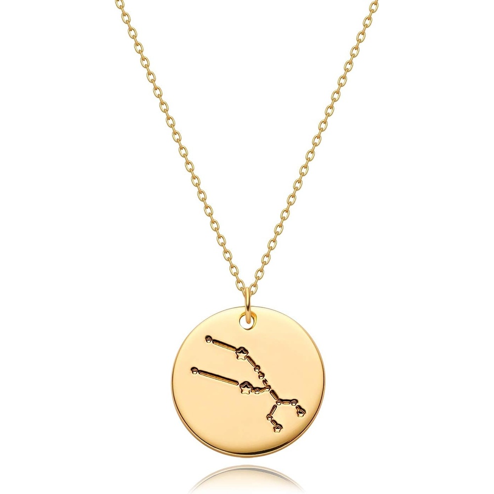 image:imageMEVECCO Gold Necklace Coin Disc Zodiac 12 Constellation Star Connected Engraved Horoscope Sign Astrology Pendant 18K Gold Plated Chain Dainty Personalized Simple JewelryConnected Taurus