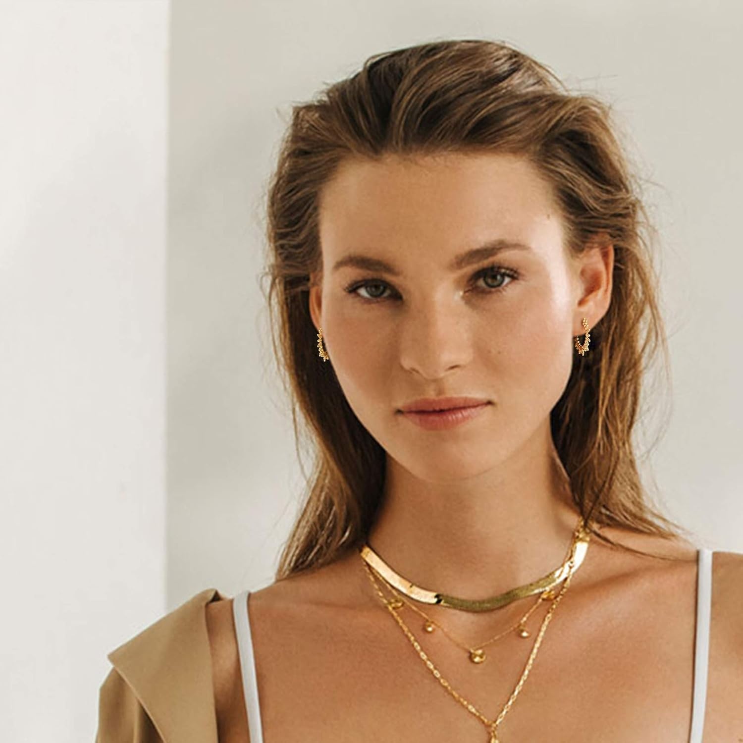 image:imageMEVECCO Dainty Gold Hoop Earrings for Women 18K Gold Plated Spike Huggie Hoop Earrings Geometry Handmade Minimalist Hypoallergenic Hoop Earrings for Her GiftsTassel Beads Hoop