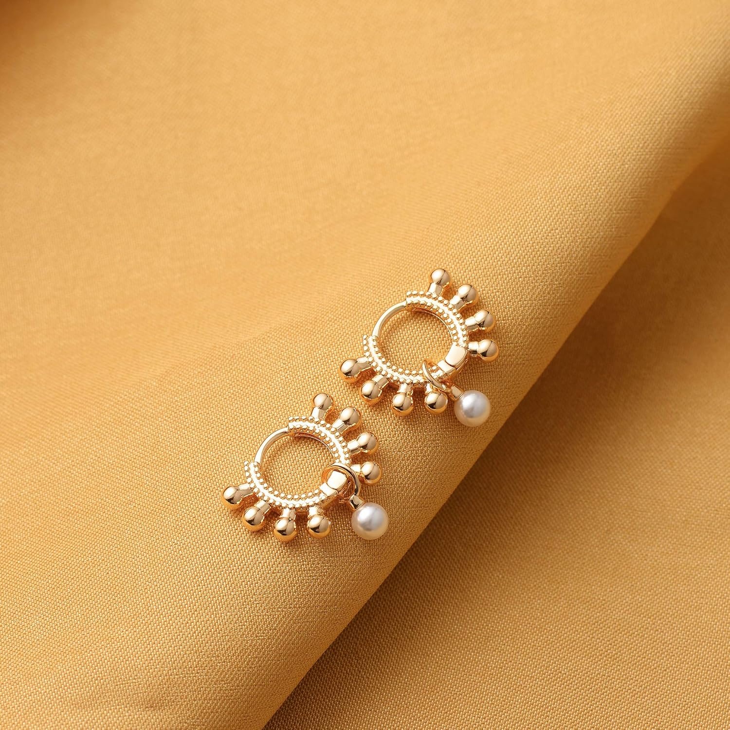 image:imageMEVECCO Dainty Gold Hoop Earrings for Women 18K Gold Plated Spike Huggie Hoop Earrings Geometry Handmade Minimalist Hypoallergenic Hoop Earrings for Her GiftsPearl Ball