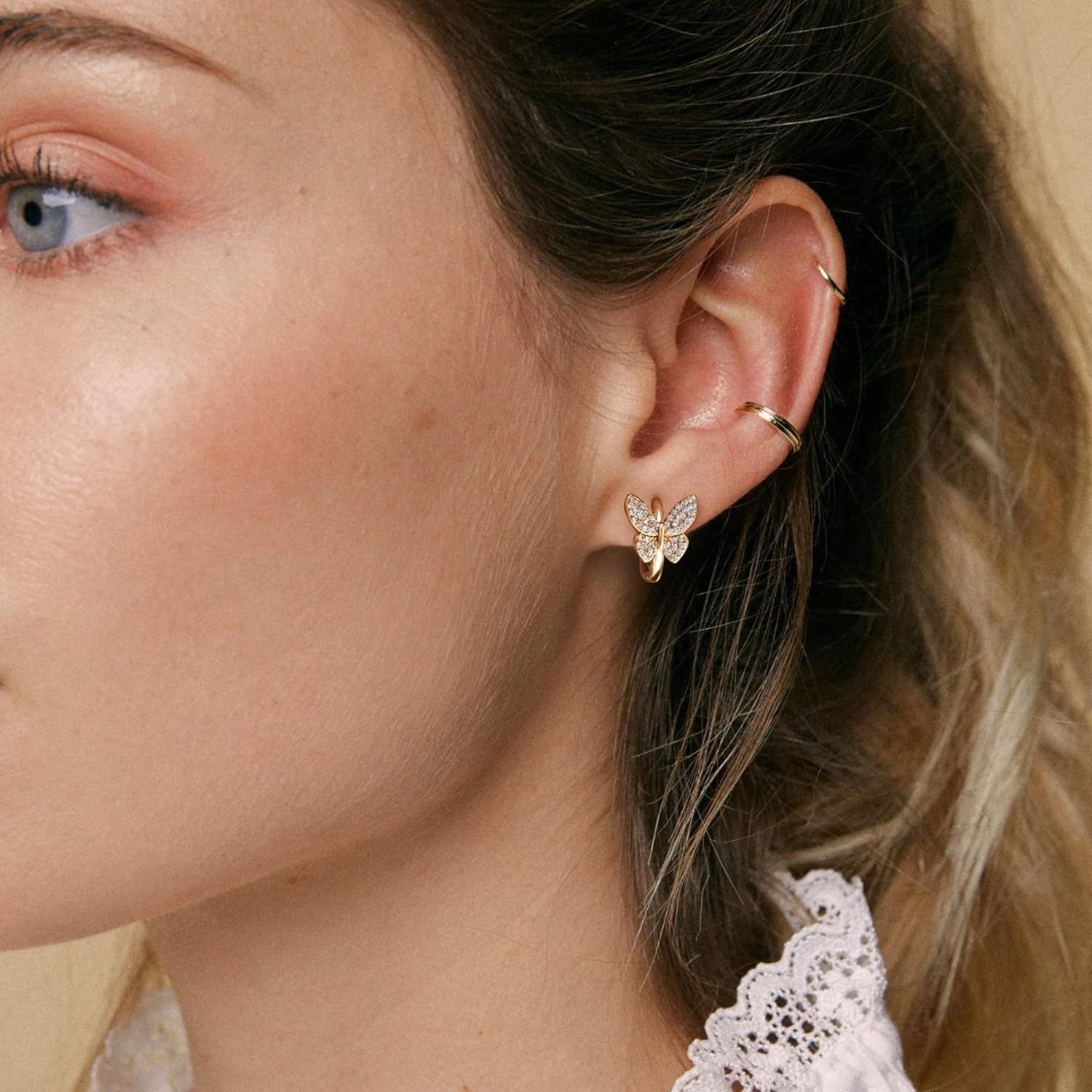 image:imageMEVECCO Gold Butterfly Huggie Hoop Earrings 18K Gold Plated Cubic Zirconia Butterfly Hoop Minimalist Handmade Earrings for Women