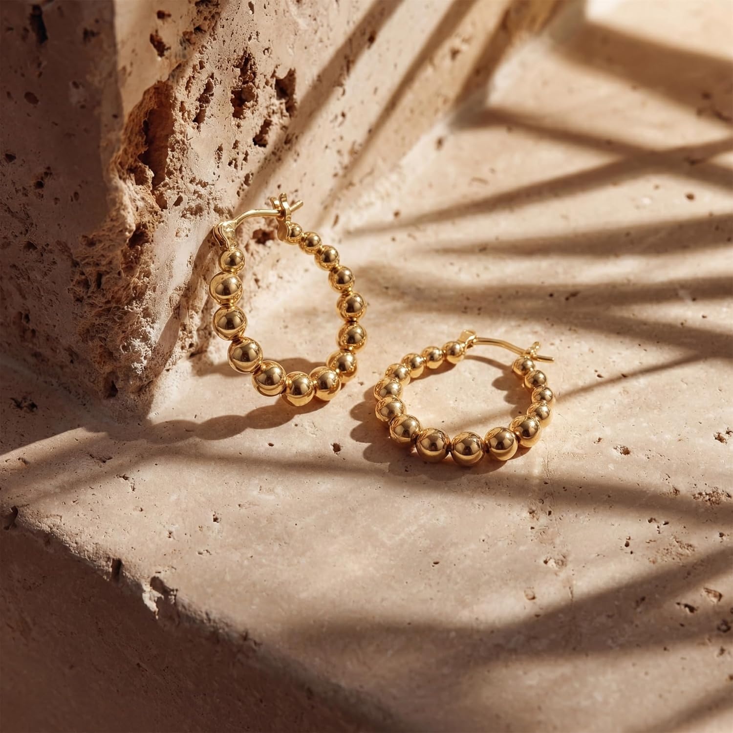 image:imageMEVECCO Gold Chunky Huggie Hoop Earring 18K Gold Plated Dainty Handmade Hypoallergenic Sleeper Hoop Earrings for WomenBeaded Hoop GD