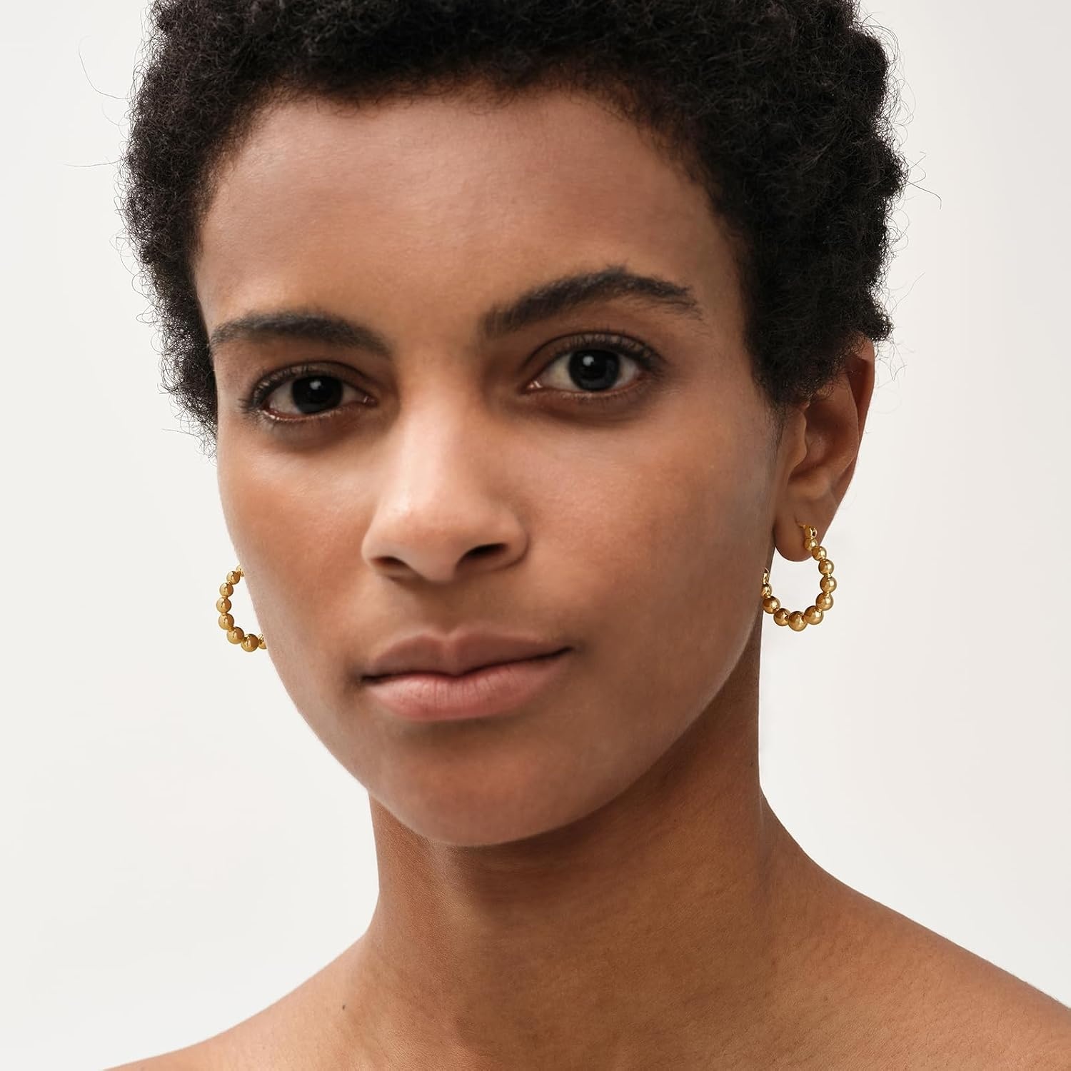 image:imageMEVECCO Gold Chunky Huggie Hoop Earring 18K Gold Plated Dainty Handmade Hypoallergenic Sleeper Hoop Earrings for WomenBeaded Hoop GD