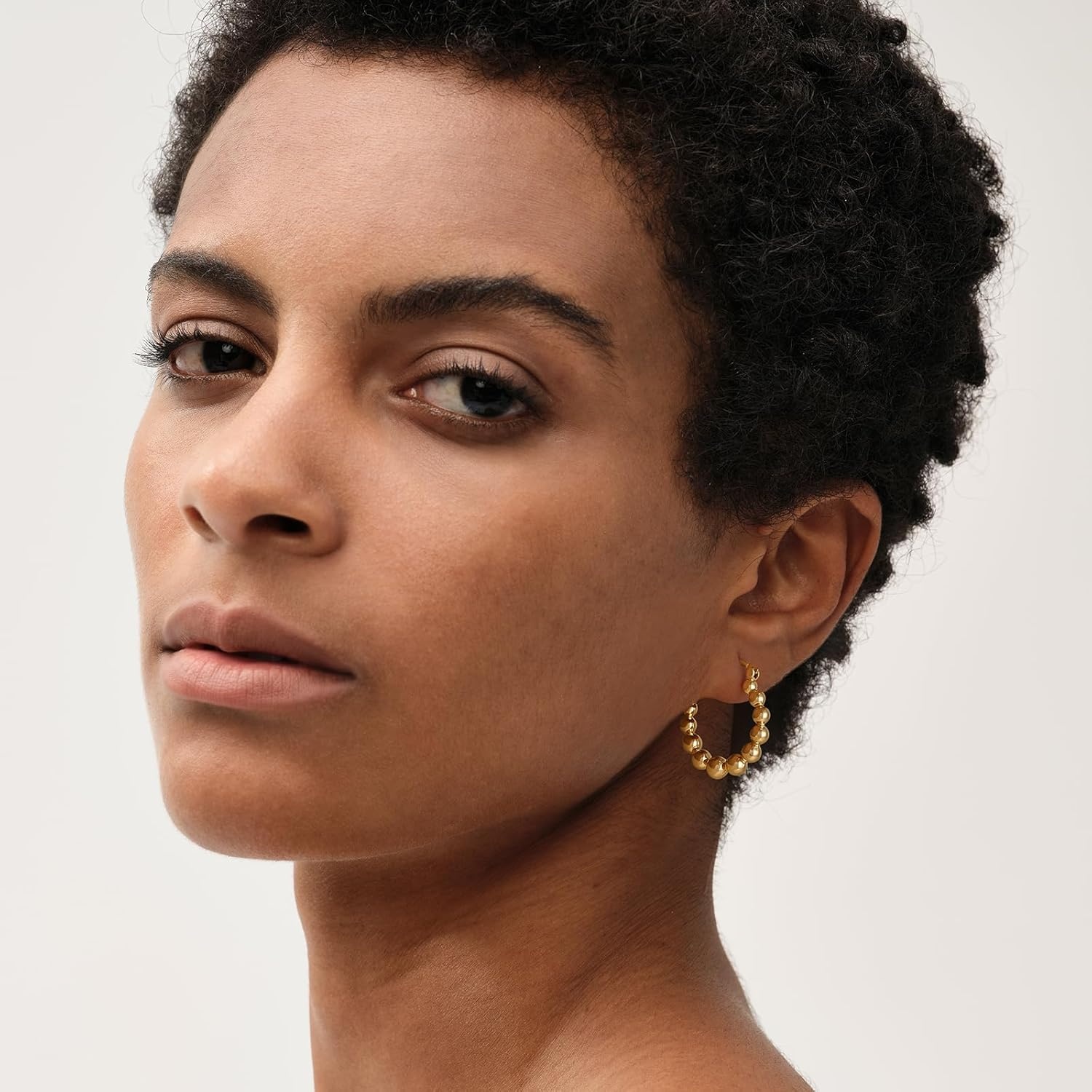 image:imageMEVECCO Gold Chunky Huggie Hoop Earring 18K Gold Plated Dainty Handmade Hypoallergenic Sleeper Hoop Earrings for WomenBeaded Hoop GD