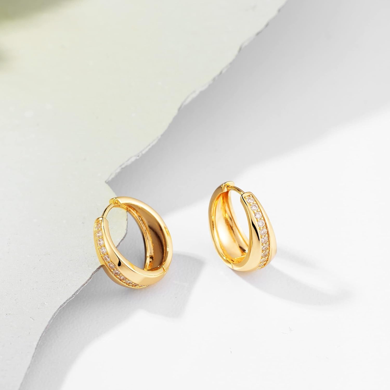 image:imageMEVECCO Gold Chunky Huggie Hoop Earring 18K Gold Plated Dainty Handmade Hypoallergenic Sleeper Hoop Earrings for WomenMiddle CZ Hoop