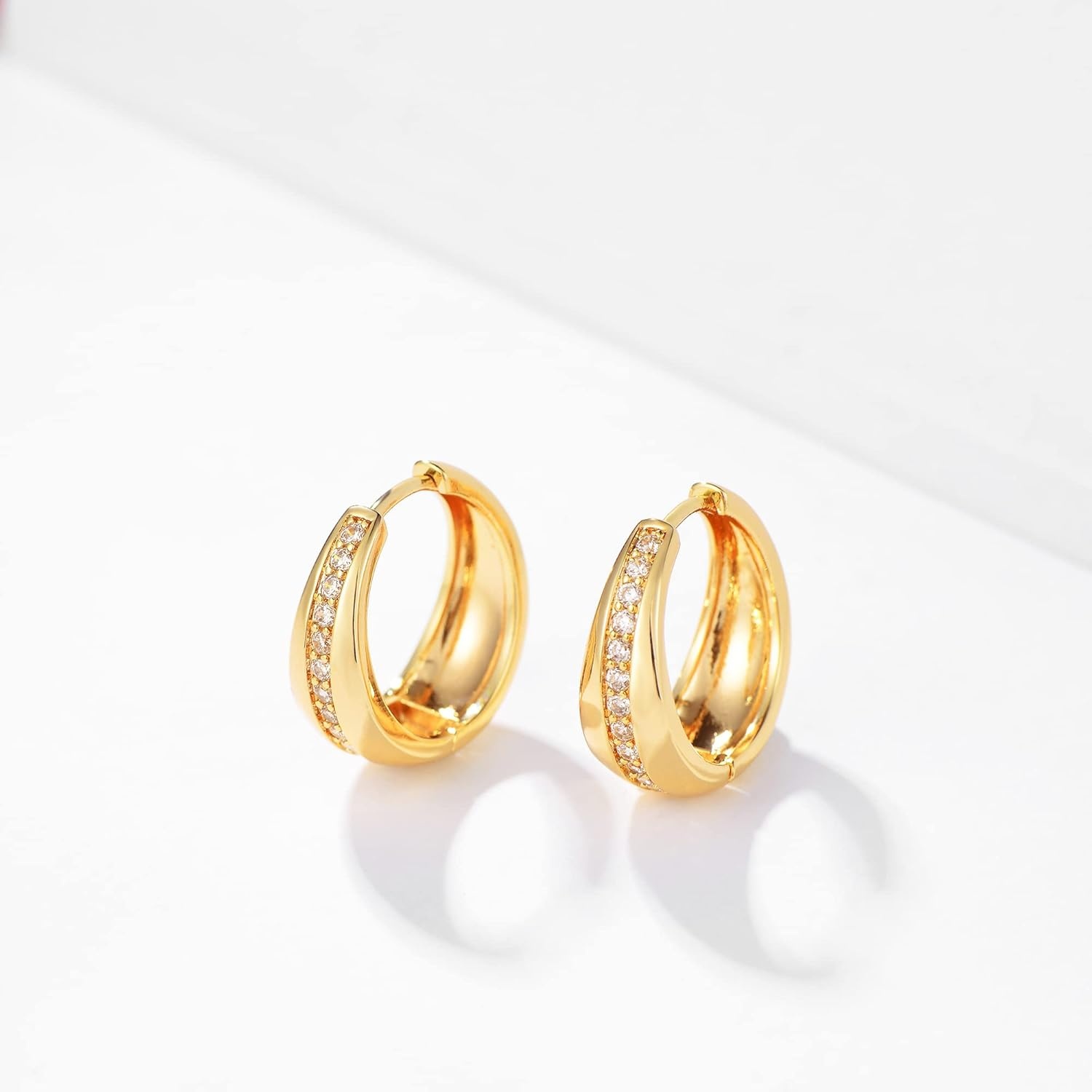 image:imageMEVECCO Gold Chunky Huggie Hoop Earring 18K Gold Plated Dainty Handmade Hypoallergenic Sleeper Hoop Earrings for WomenMiddle CZ Hoop