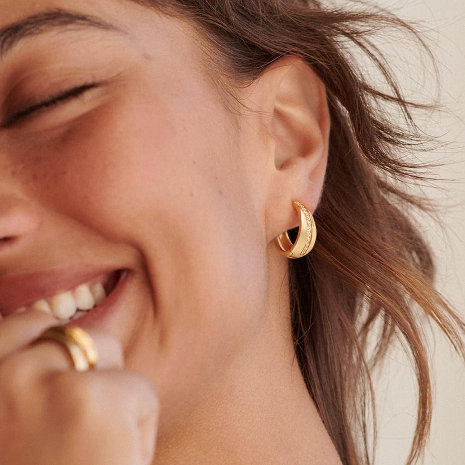 image:imageMEVECCO Gold Chunky Huggie Hoop Earring 18K Gold Plated Dainty Handmade Hypoallergenic Sleeper Hoop Earrings for WomenMiddle CZ Hoop