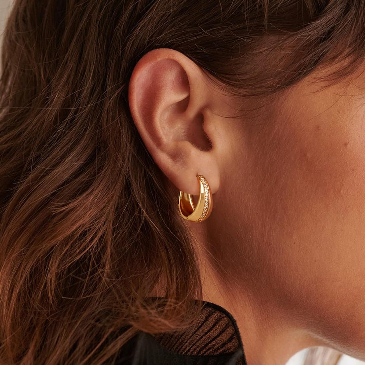 image:imageMEVECCO Gold Chunky Huggie Hoop Earring 18K Gold Plated Dainty Handmade Hypoallergenic Sleeper Hoop Earrings for WomenMiddle CZ Hoop