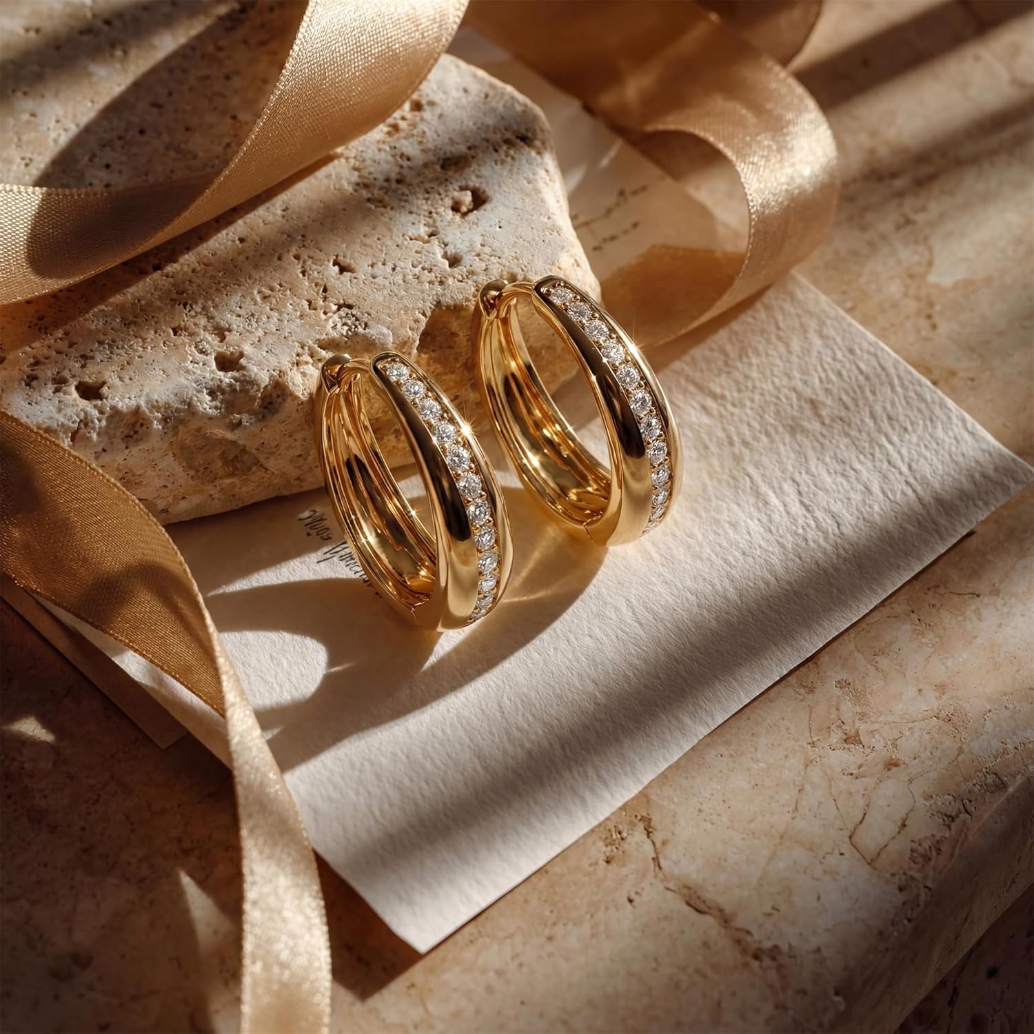 image:imageMEVECCO Gold Chunky Huggie Hoop Earring 18K Gold Plated Dainty Handmade Hypoallergenic Sleeper Hoop Earrings for WomenMiddle CZ Hoop