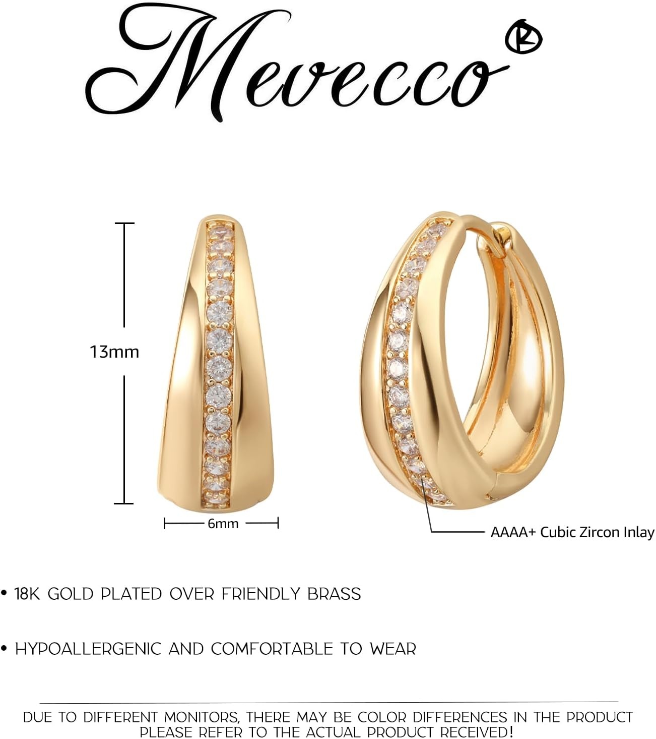 image:imageMEVECCO Gold Chunky Huggie Hoop Earring 18K Gold Plated Dainty Handmade Hypoallergenic Sleeper Hoop Earrings for WomenMiddle CZ Hoop