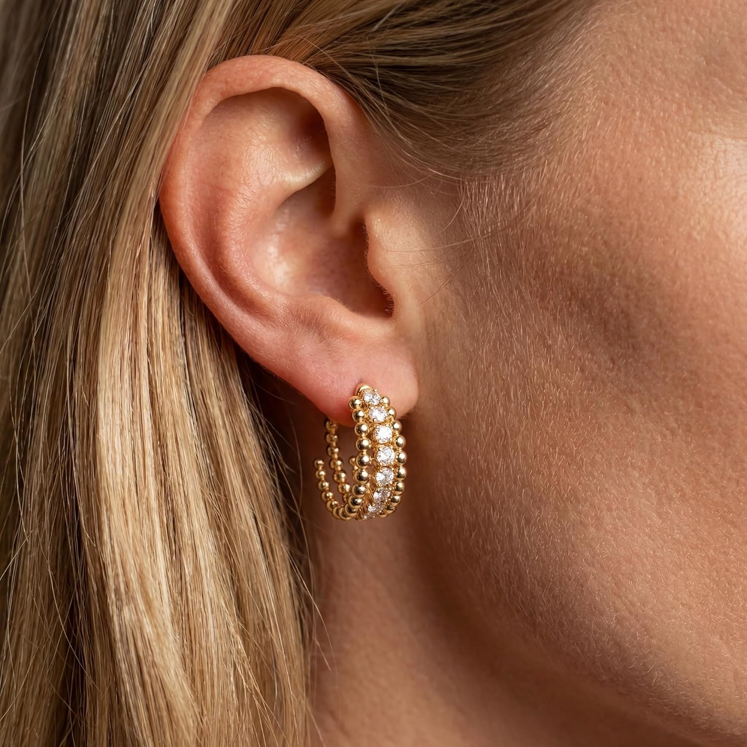 image:imageMEVECCO Gold Chunky Huggie Hoop Earring 18K Gold Plated Dainty Handmade Hypoallergenic Sleeper Hoop Earrings for WomenSlit Bead