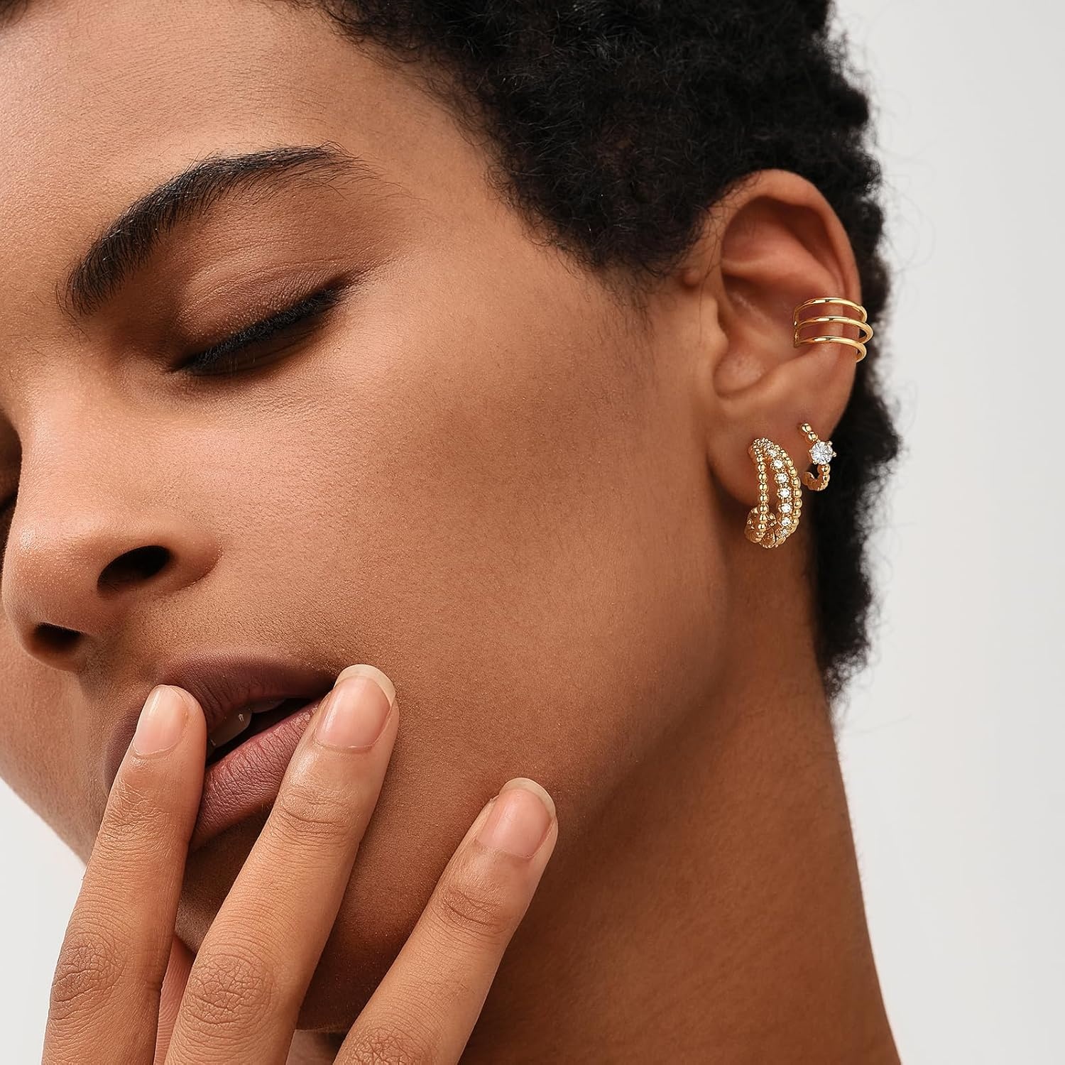 image:imageMEVECCO Gold Chunky Huggie Hoop Earring 18K Gold Plated Dainty Handmade Hypoallergenic Sleeper Hoop Earrings for WomenSlit Bead