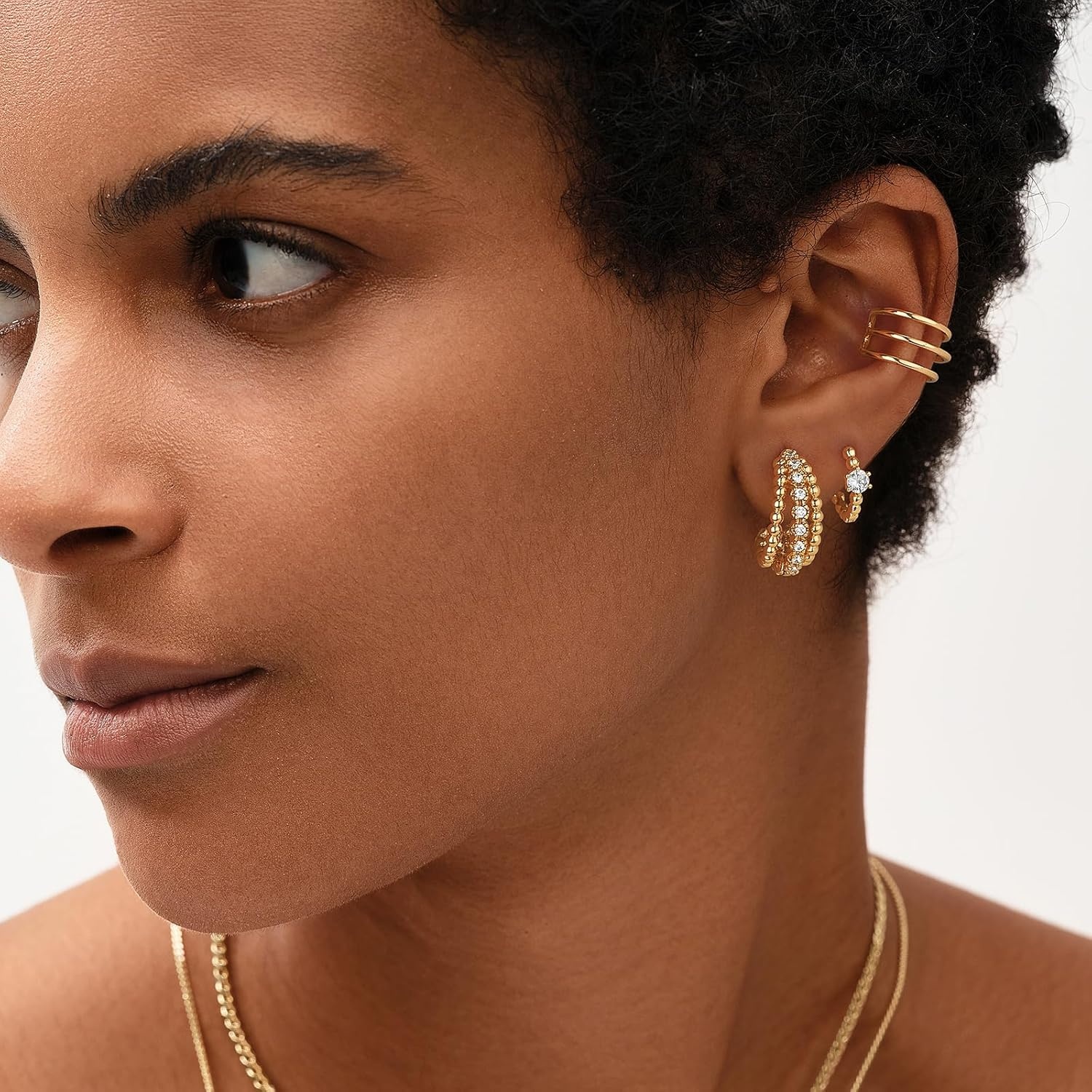 image:imageMEVECCO Gold Chunky Huggie Hoop Earring 18K Gold Plated Dainty Handmade Hypoallergenic Sleeper Hoop Earrings for WomenSlit Bead