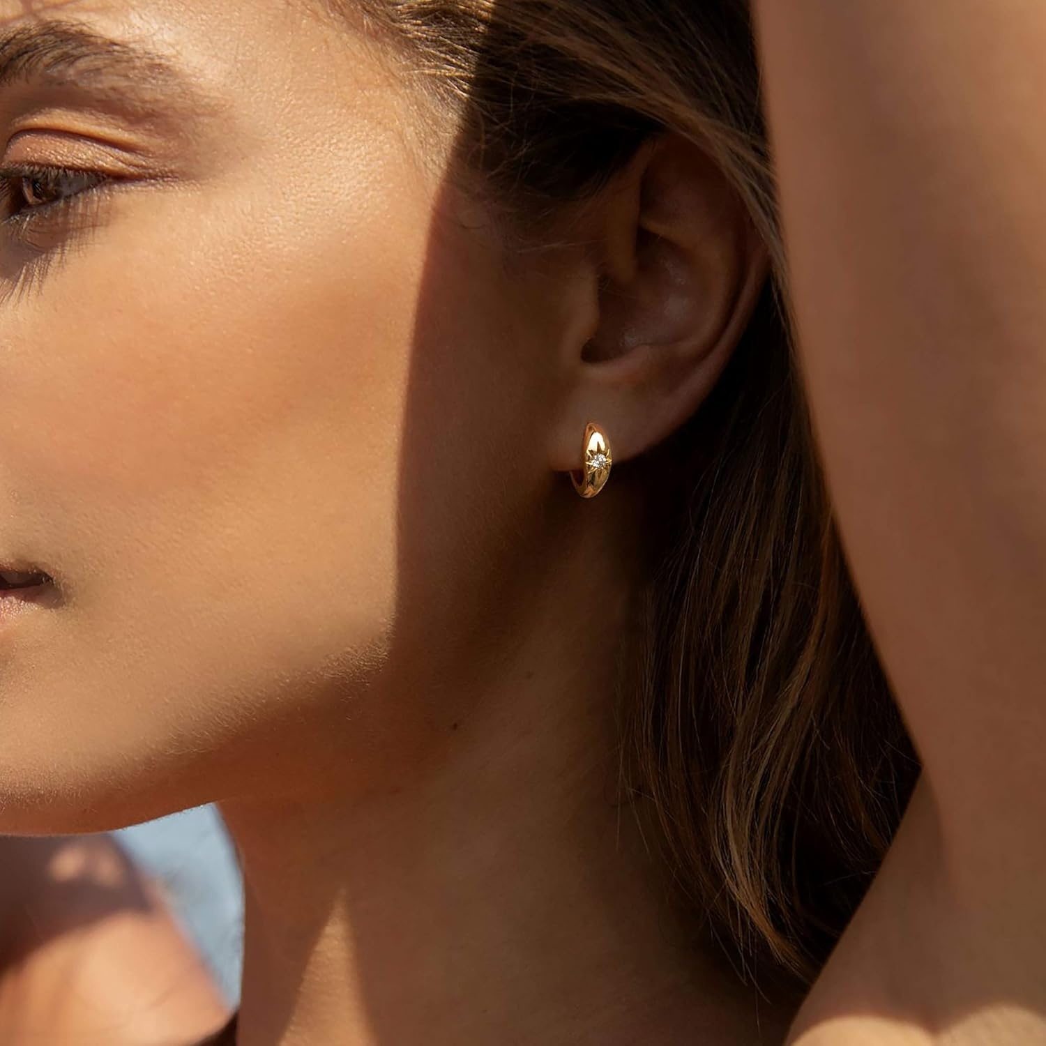 image:imageMEVECCO Gold Chunky Huggie Hoop Earring 18K Gold Plated Dainty Handmade Hypoallergenic Sleeper Hoop Earrings for WomenStarburst One