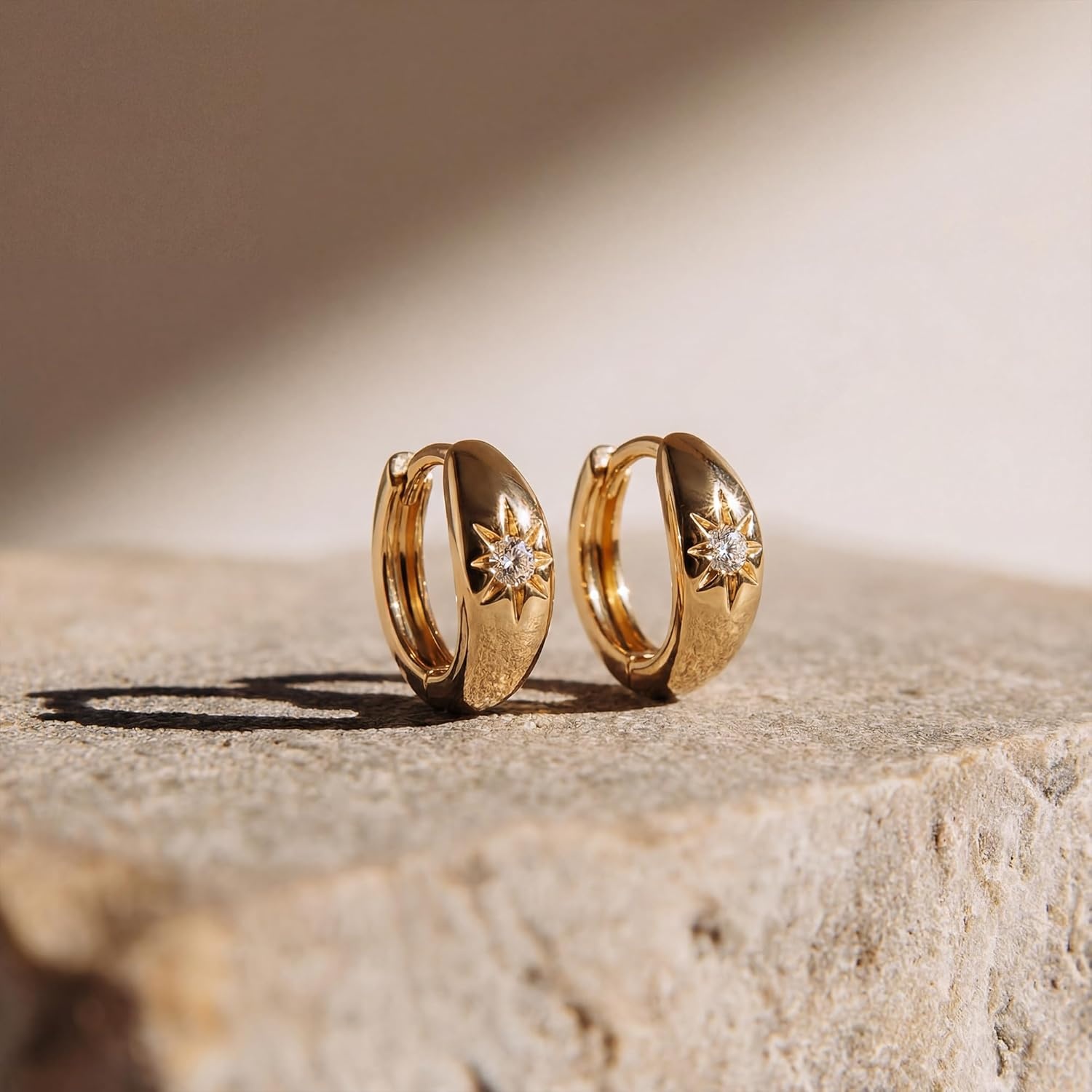 image:imageMEVECCO Gold Chunky Huggie Hoop Earring 18K Gold Plated Dainty Handmade Hypoallergenic Sleeper Hoop Earrings for WomenStarburst One