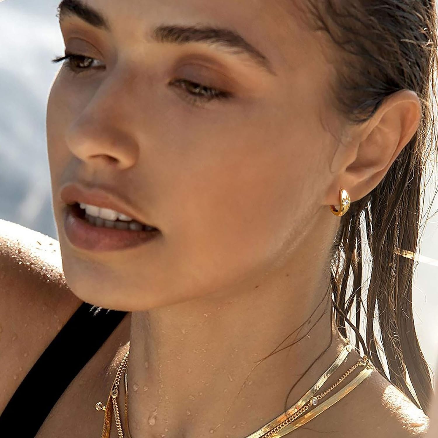 image:imageMEVECCO Gold Chunky Huggie Hoop Earring 18K Gold Plated Dainty Handmade Hypoallergenic Sleeper Hoop Earrings for WomenStarburst One