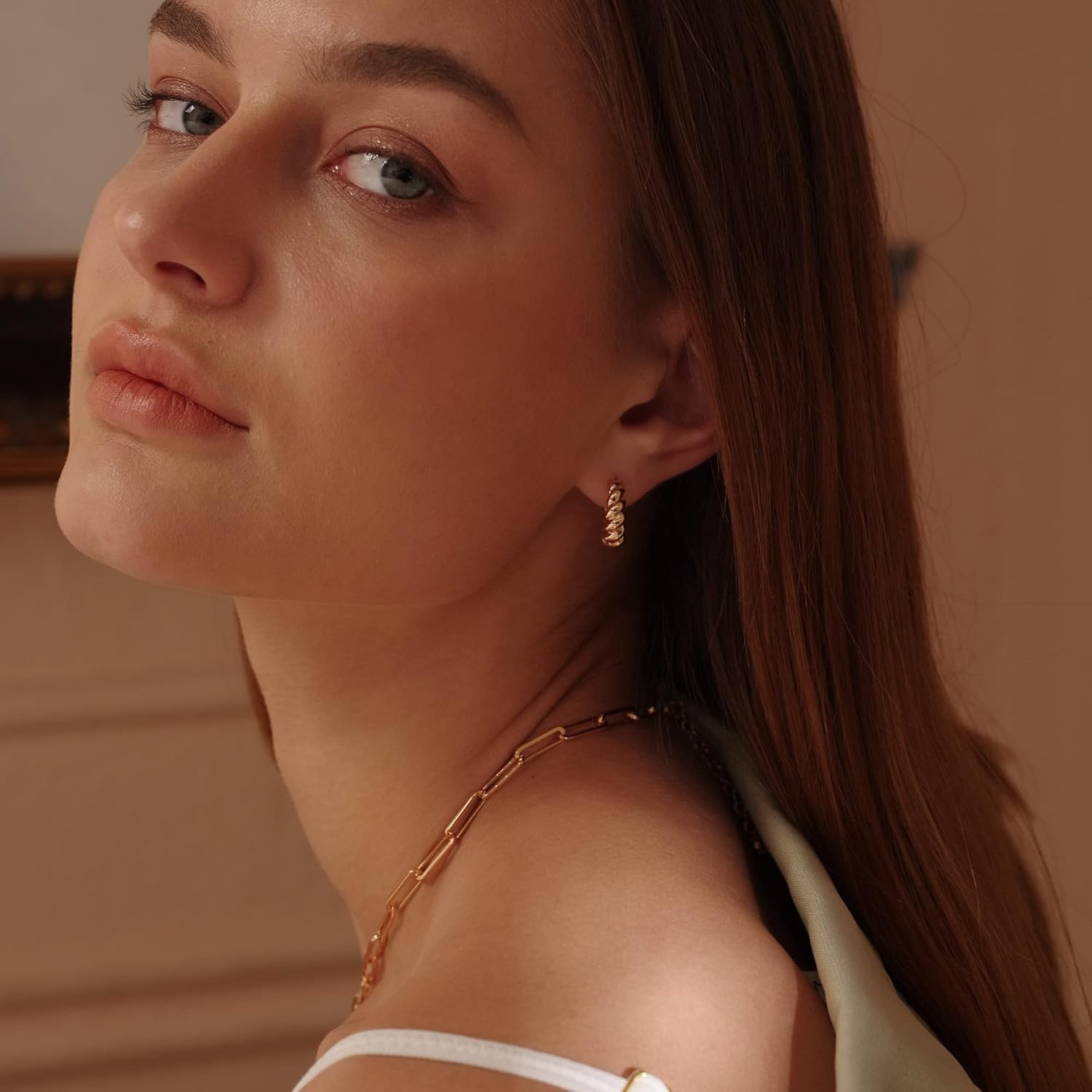 image:imageMEVECCO Gold Chunky Huggie Hoop Earring 18K Gold Plated Dainty Handmade Hypoallergenic Sleeper Hoop Earrings for WomenTwist Hoop GD