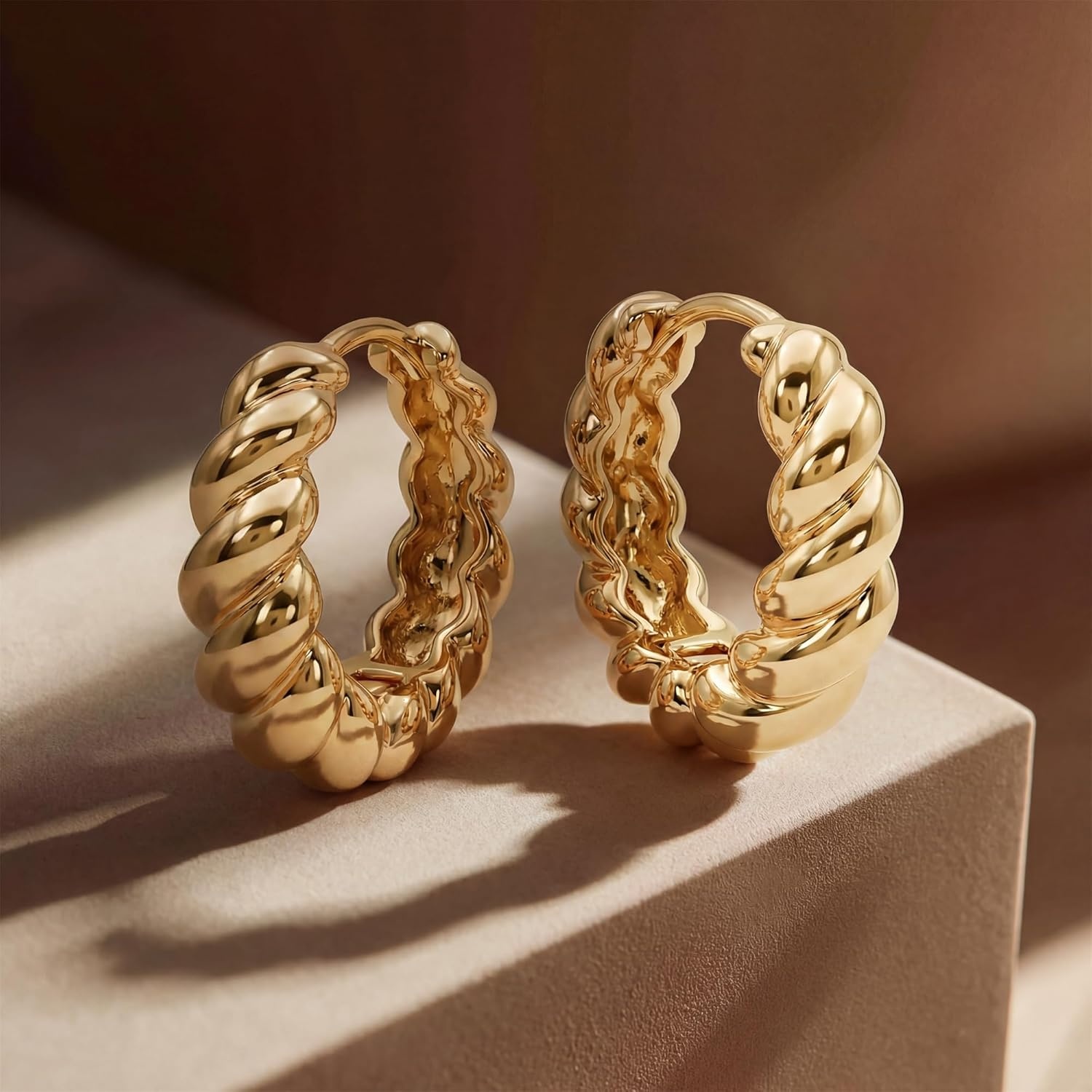 image:imageMEVECCO Gold Chunky Huggie Hoop Earring 18K Gold Plated Dainty Handmade Hypoallergenic Sleeper Hoop Earrings for WomenTwist Hoop GD
