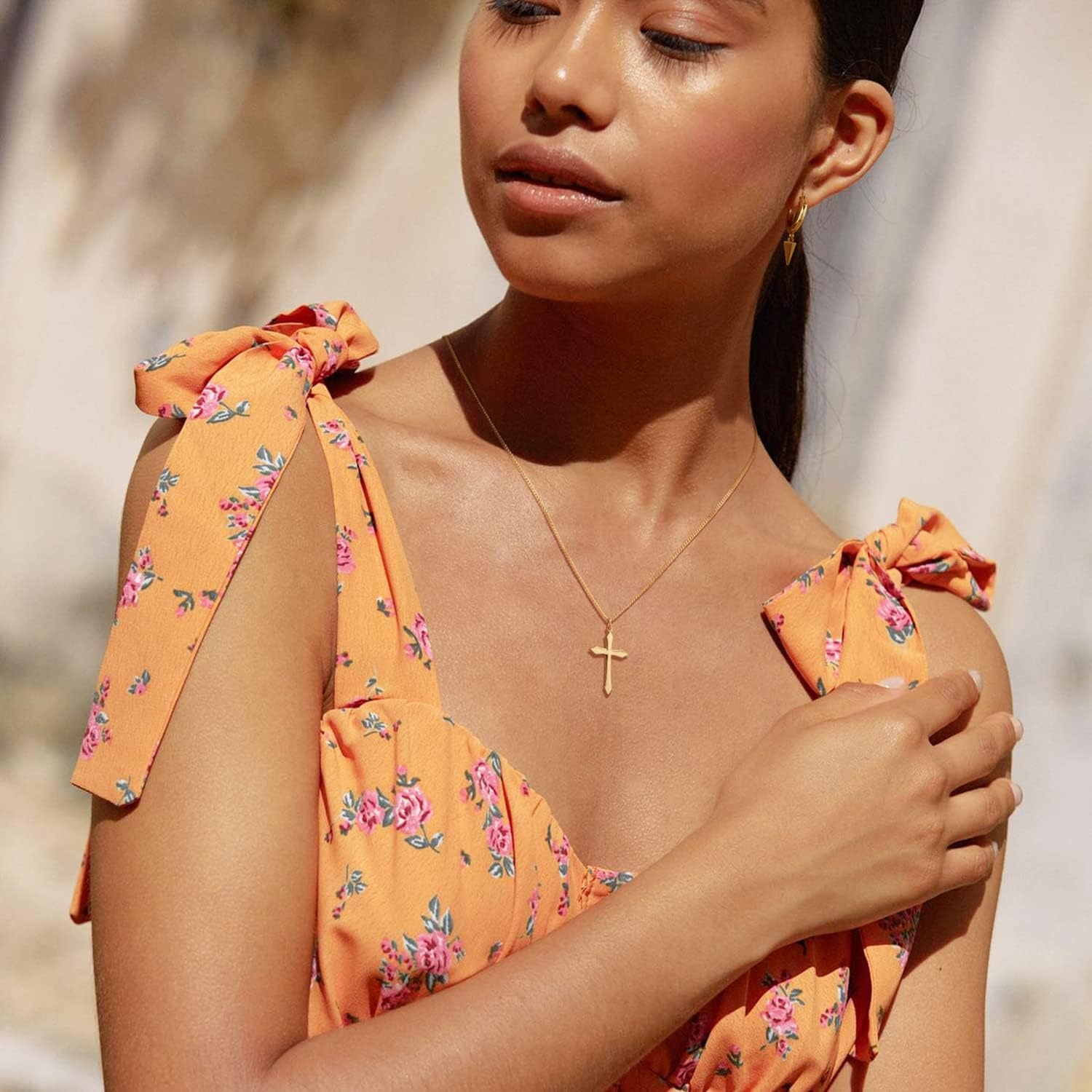 image:imageMEVECCO Gold Dainty Cross Necklace for Women18K Gold Plated Pointed Cross Faith Pendant Necklace Minimalist Handmade Crucifix Chain Jewelry Gift