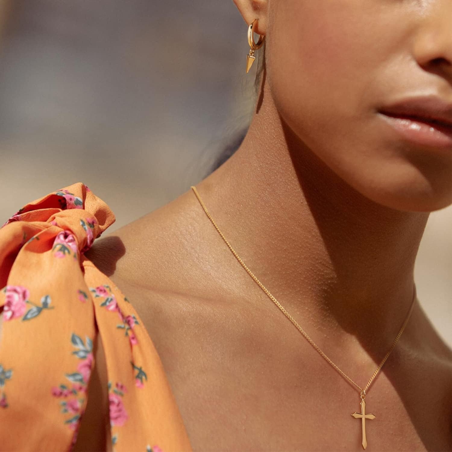 image:imageMEVECCO Gold Dainty Cross Necklace for Women18K Gold Plated Pointed Cross Faith Pendant Necklace Minimalist Handmade Crucifix Chain Jewelry Gift