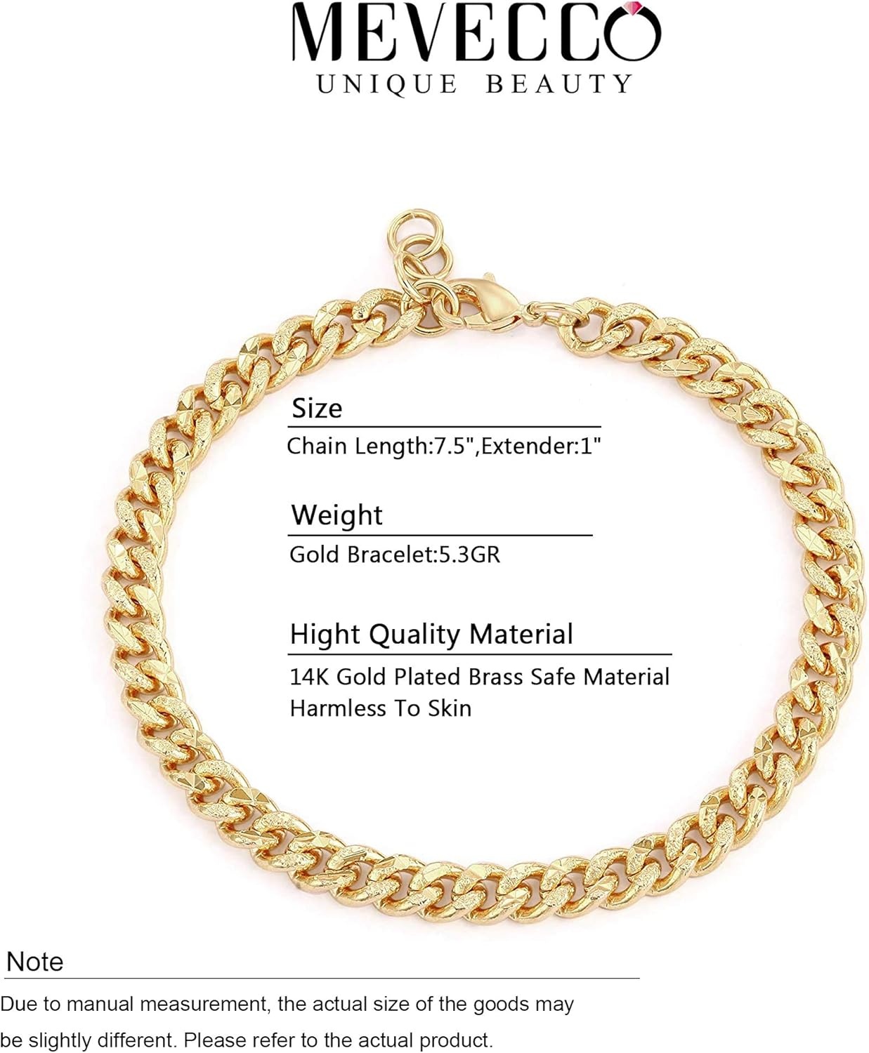 image:imageMEVECCO Gold Dainty Cuba Link Chunky Chain Bracelets18K Gold Plated Simple Wide Cuban Curb Chain Oval Handmade Cute Emboss Spiral Chunky Rolo Paperclip Chain Diamond Cut Dainty Bracelet for Women