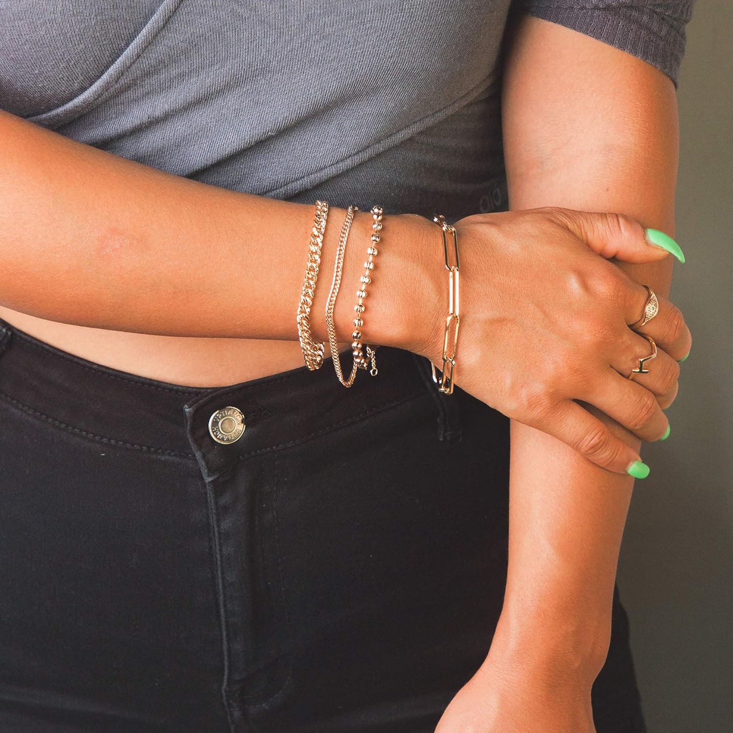 image:imageMEVECCO Gold Dainty Cuba Link Chunky Chain Bracelets18K Gold Plated Simple Wide Cuban Curb Chain Oval Handmade Cute Emboss Spiral Chunky Rolo Paperclip Chain Diamond Cut Dainty Bracelet for Women
