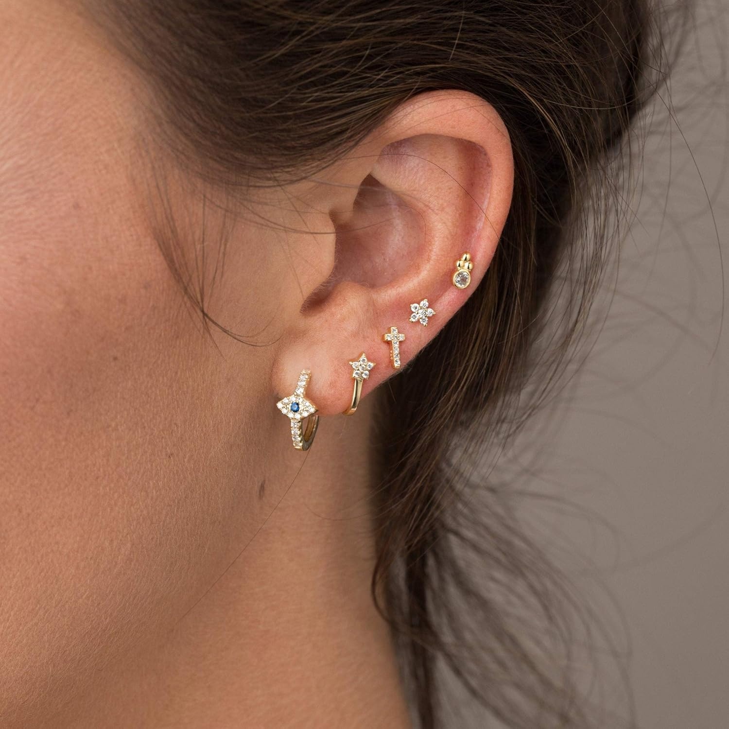 image:imageMEVECCO Gold Evil Eye Huggie Hoop Earrings 18K Gold Plated CZ Evil Eye Hoop Earrings Minimalist Handmade Earrings for Women