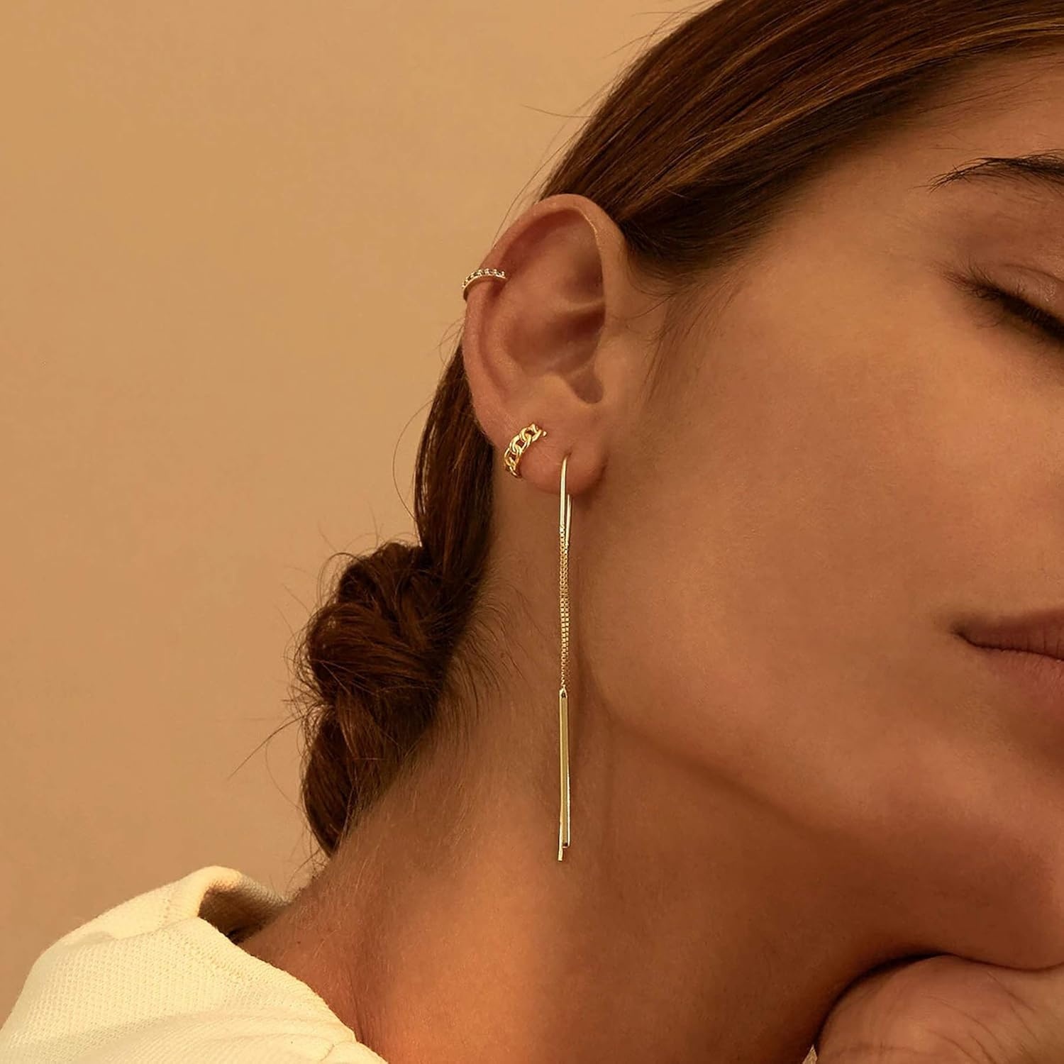 image:imageMEVECCO Gold Hoop Earrings for Women 18K Gold Plated Huggie Earrings Handmade Simple Minimalism Hoop Hypoallergenic Earrings for Everyday JewelryChain Hoop