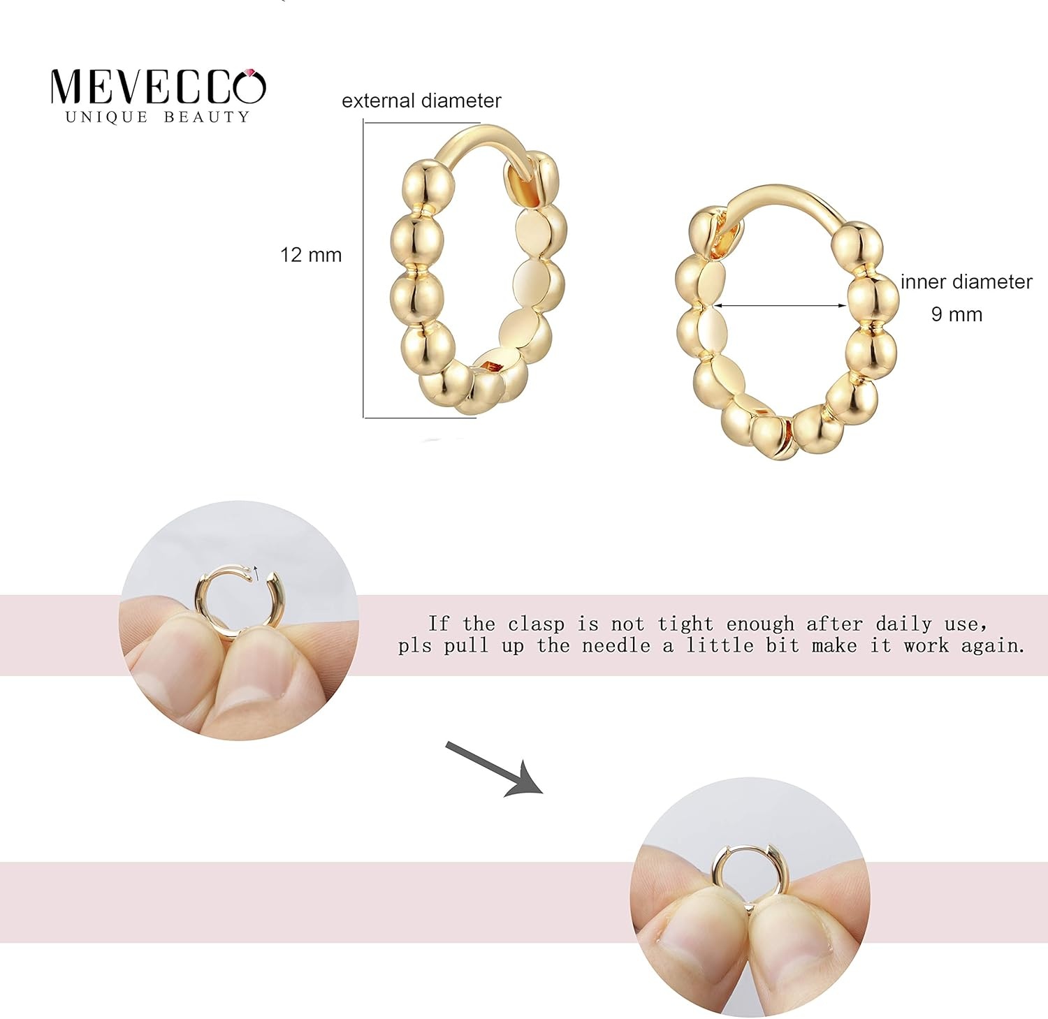image:imageMEVECCO Gold Hoop Earrings for Women 18K Gold Plated Huggie Earrings for Everyday JewelryTiny Beads 09CM