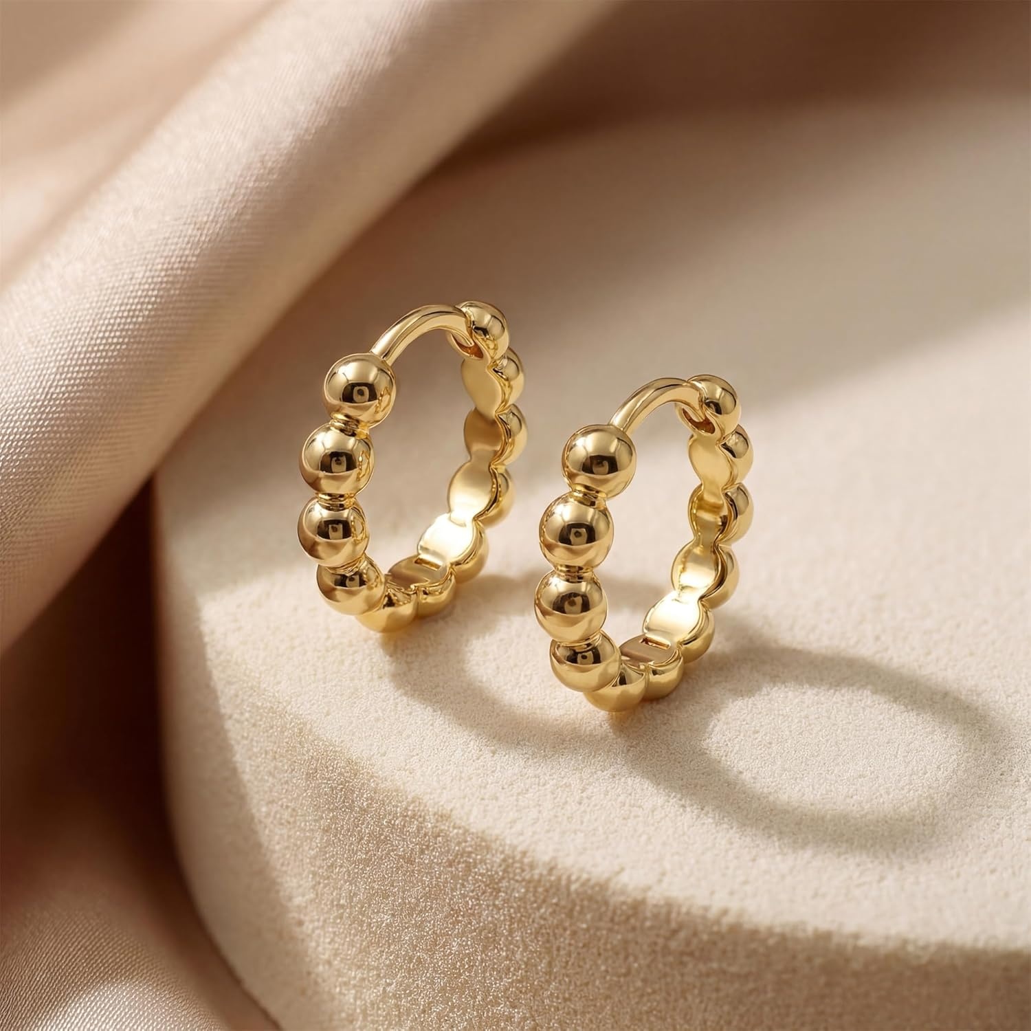 image:imageMEVECCO Gold Hoop Earrings for Women 18K Gold Plated Huggie Earrings for Everyday JewelryTiny Beads 09CM