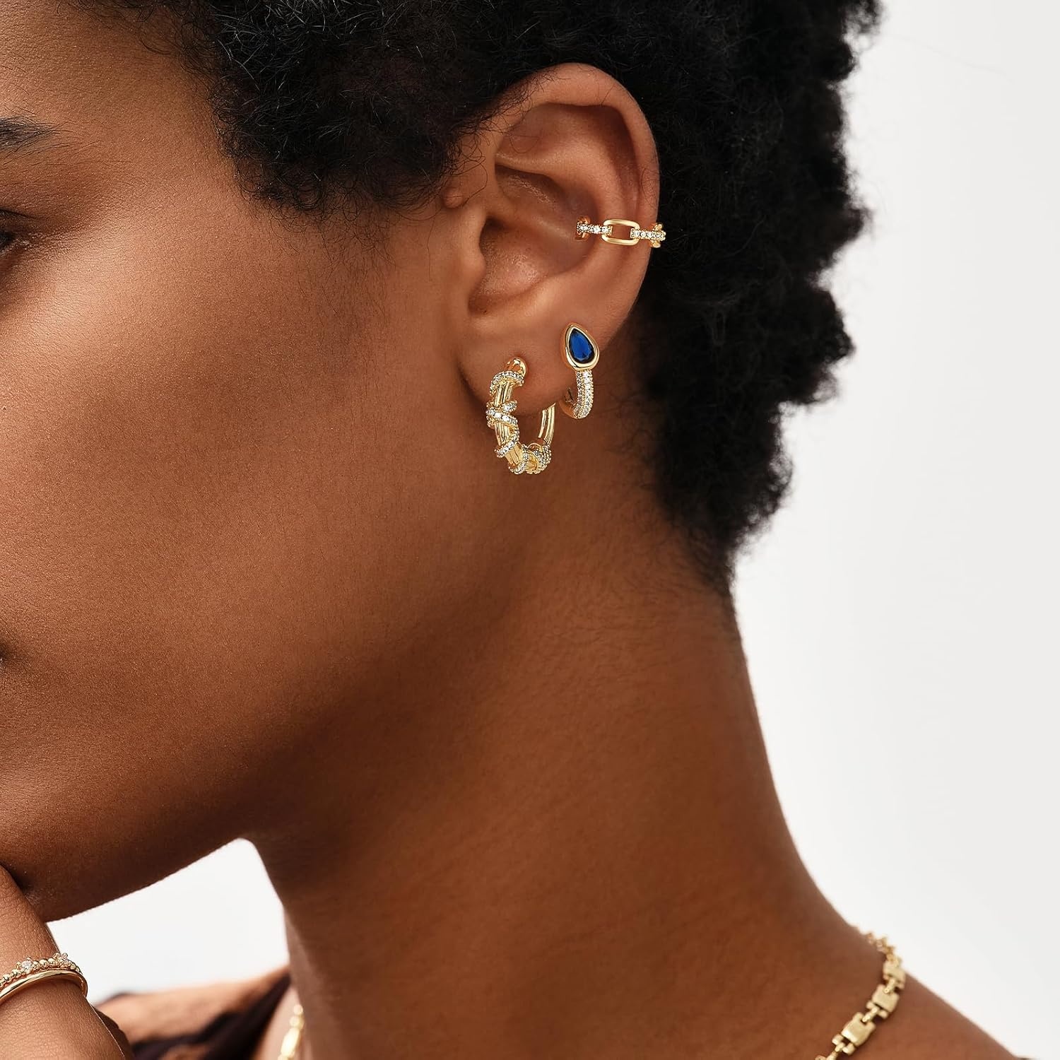 image:imageMEVECCO Gold Huggie Hoop Earrings 18K Gold Plated Blue CZ Hoop Earrings Minimalist Handmade Earrings for Women