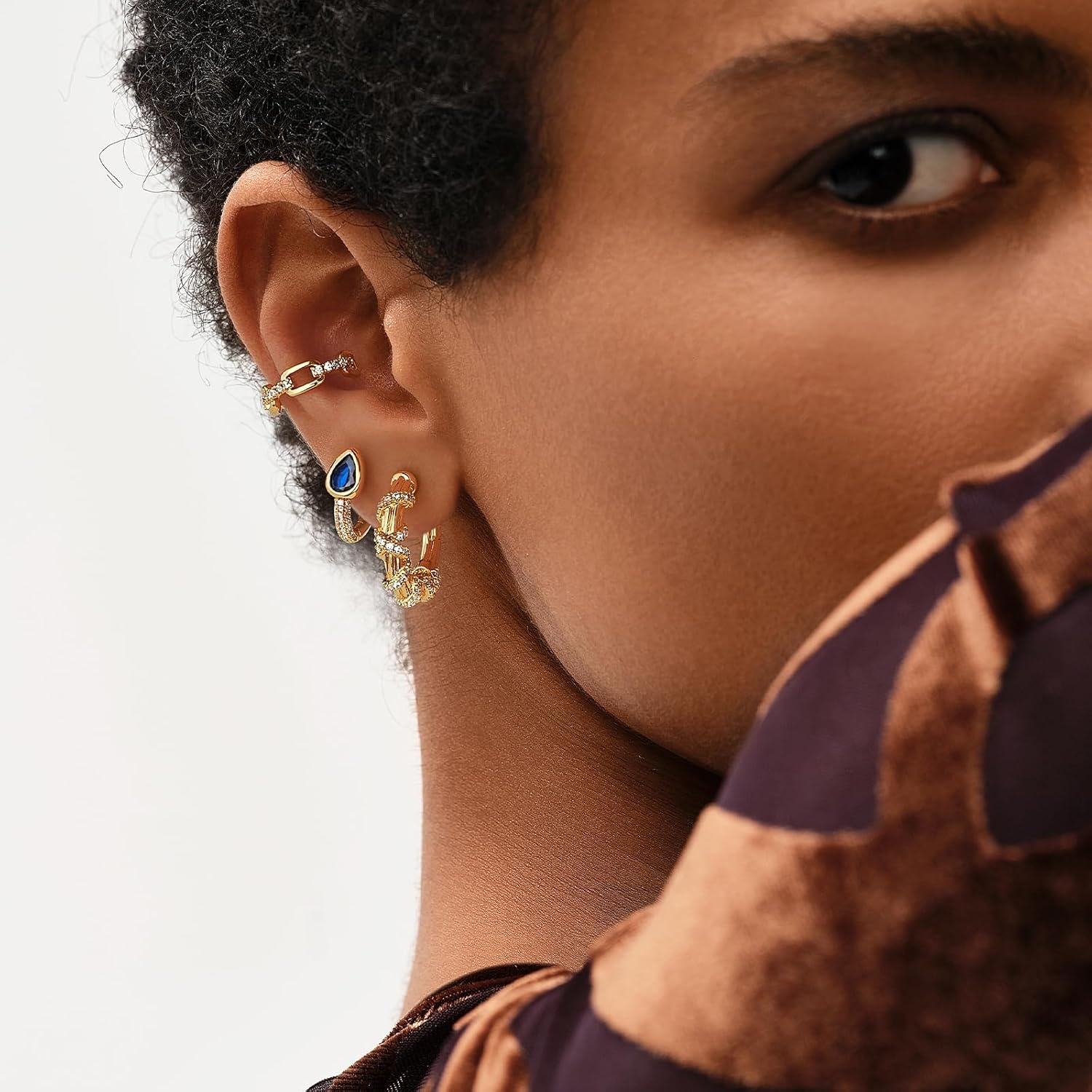 image:imageMEVECCO Gold Huggie Hoop Earrings 18K Gold Plated Blue CZ Hoop Earrings Minimalist Handmade Earrings for Women