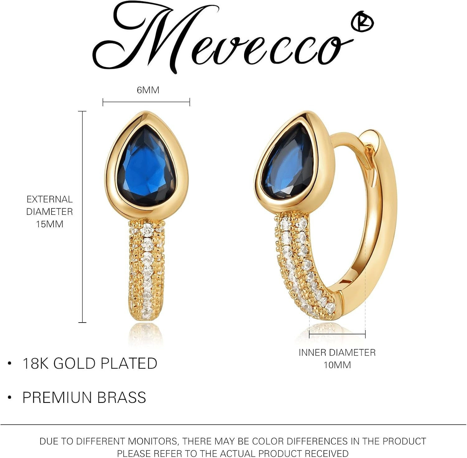 image:imageMEVECCO Gold Huggie Hoop Earrings 18K Gold Plated Blue CZ Hoop Earrings Minimalist Handmade Earrings for Women