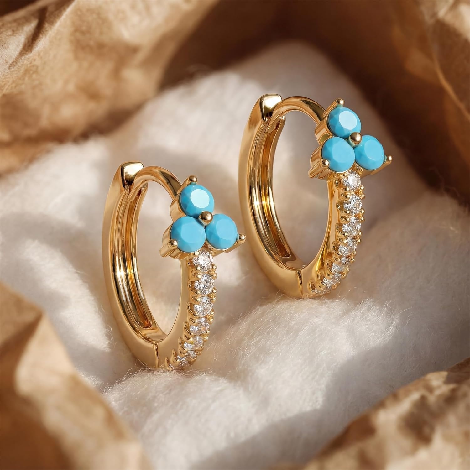 image:imageMEVECCO Gold Huggie Hoop Earrings 18K Gold Plated Turquoise Flower CZ Hoop Earrings Minimalist Handmade Earrings for Women