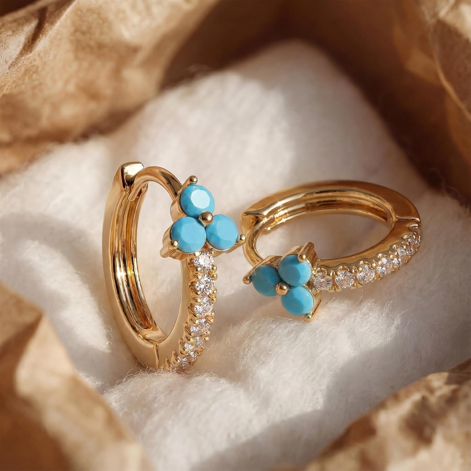 image:imageMEVECCO Gold Huggie Hoop Earrings 18K Gold Plated Turquoise Flower CZ Hoop Earrings Minimalist Handmade Earrings for Women