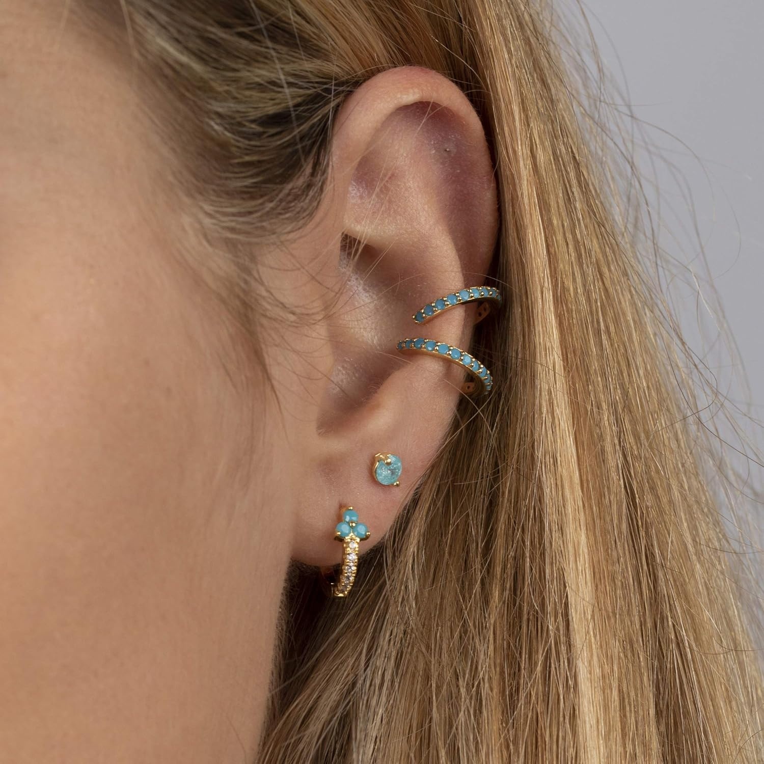 image:imageMEVECCO Gold Huggie Hoop Earrings 18K Gold Plated Turquoise Flower CZ Hoop Earrings Minimalist Handmade Earrings for Women