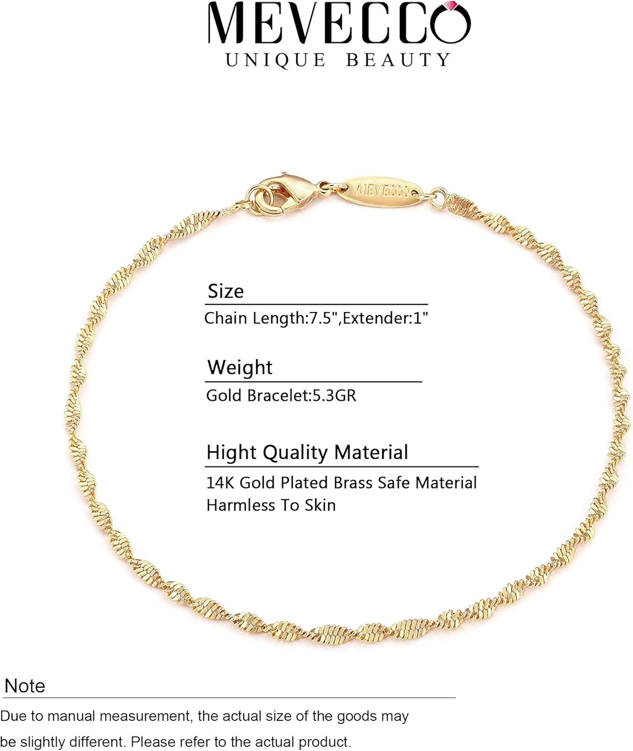image:imageMEVECCO Gold Rope Chain Bracelets14K Gold Plated Handmade Cute Thin Dainty Bracelet for Women