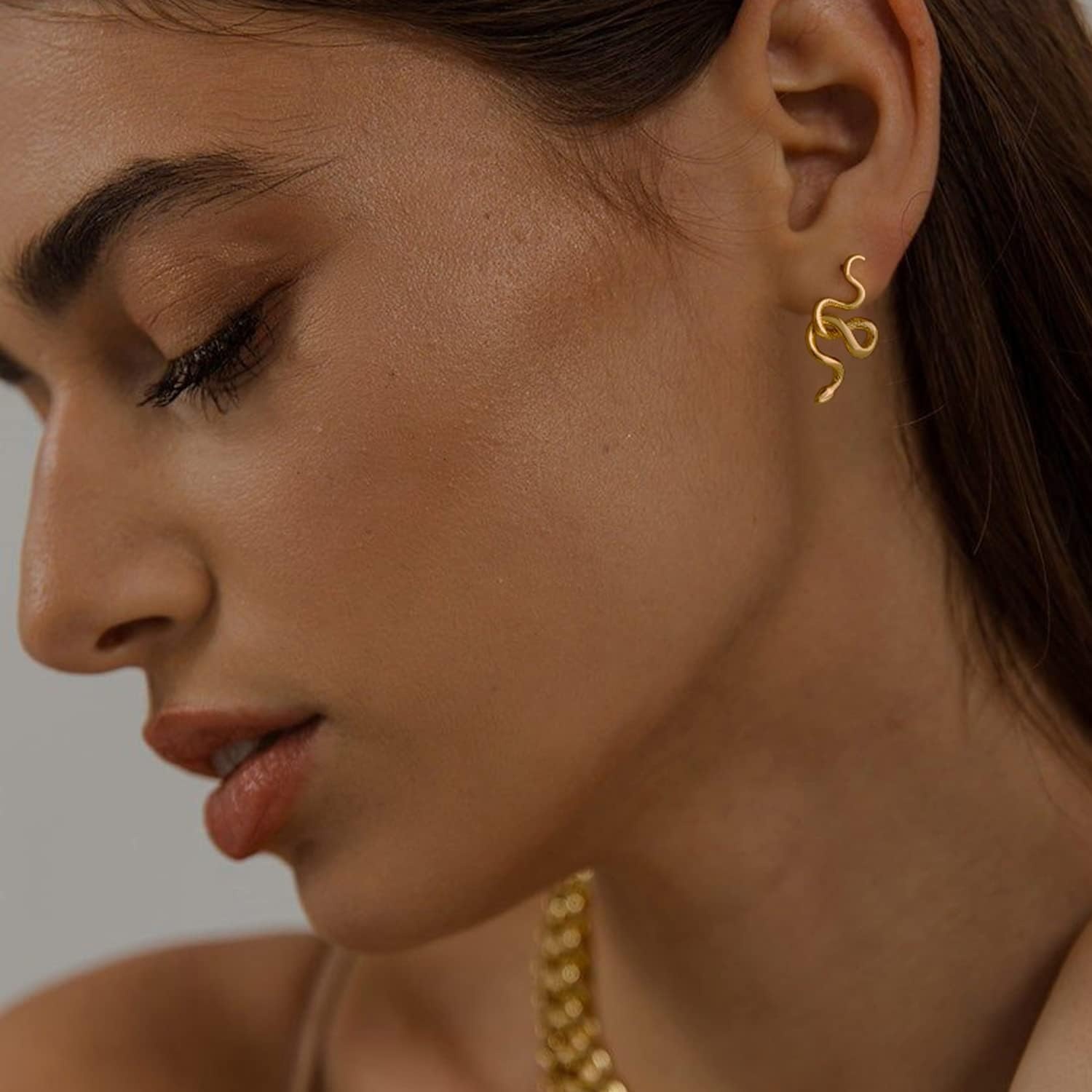image:imageMEVECCO Gold Snake Stud Earrings for Women 18K Gold Plated Stud Earrings Dainty Snake Mini Cute Simple Delicate Minimalist Stud Earrings Gift for Her