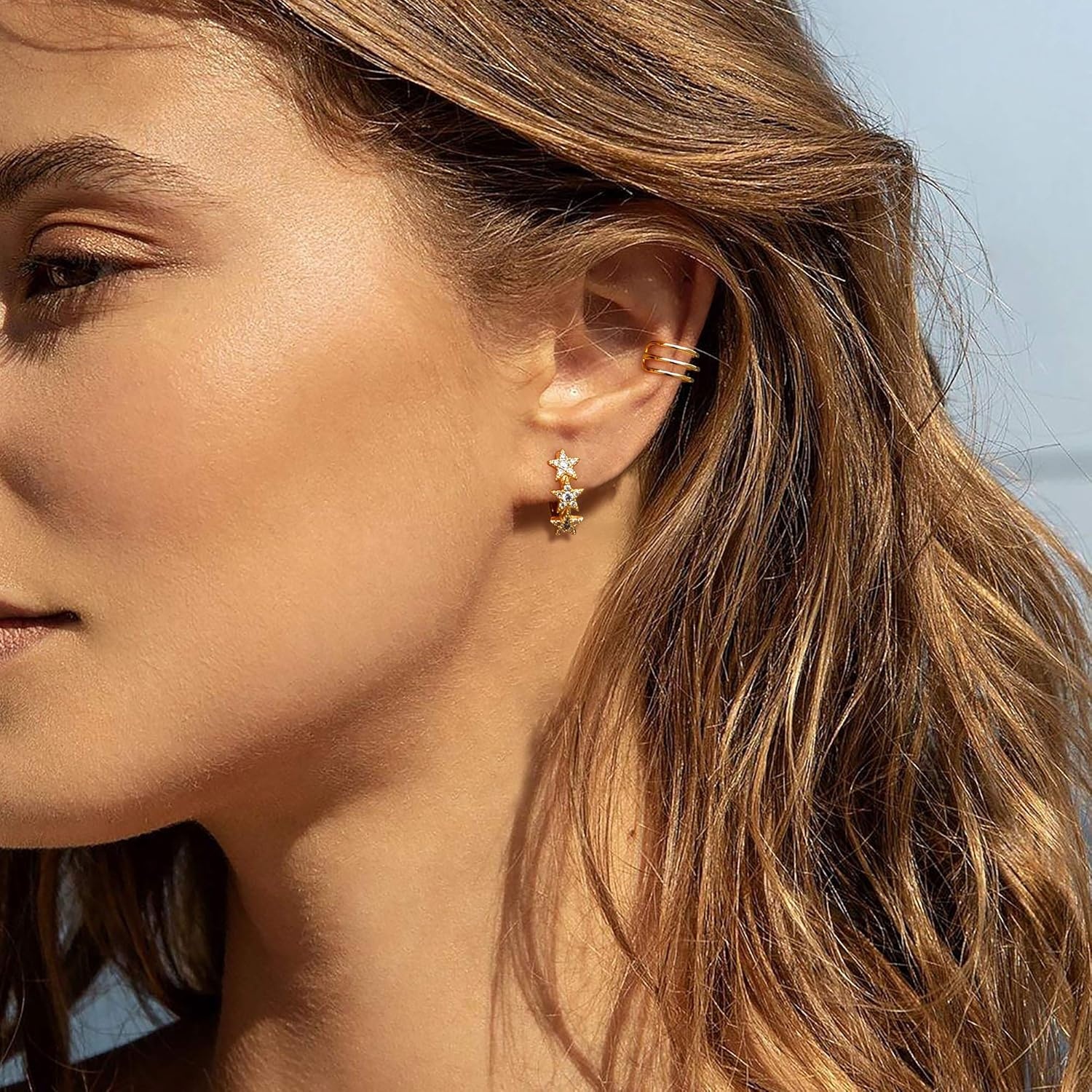 image:imageMEVECCO Gold Star Hoop Earrings for Women 18K Gold Plated Hoop Earrings Handmade Simple Minimalism Hoop Hypoallergenic Earrings for Everyday Jewelry