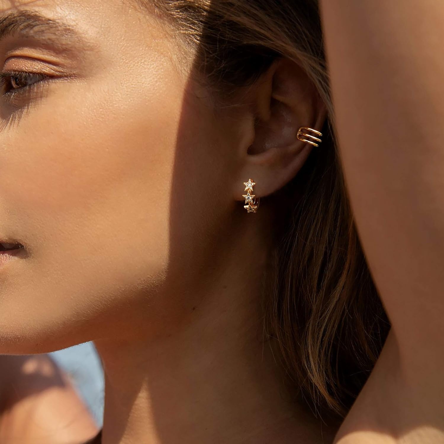 image:imageMEVECCO Gold Star Hoop Earrings for Women 18K Gold Plated Hoop Earrings Handmade Simple Minimalism Hoop Hypoallergenic Earrings for Everyday Jewelry